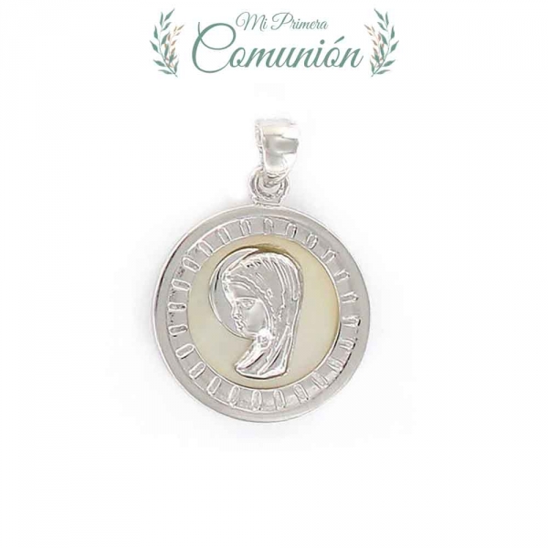 Colgante De Plata Rodiada Virgen Niña Con Nacar De 20 Mm