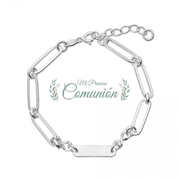 Pulsera de plata eslabones ovales con chapa de 18 x 5 y 15 + 3 cm de largo esclava