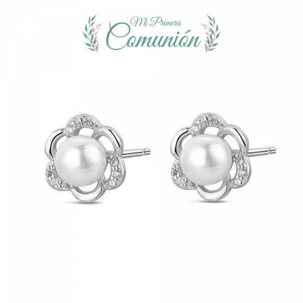 PENDIENTE PLATA PERLA FLOR COMUNION