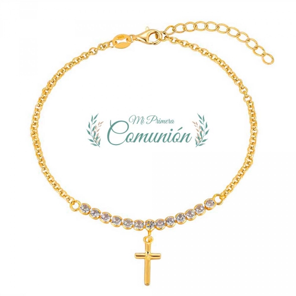 Pulsera de plata chapada con circonitas de 3 mm y cruz 10 x 7 mm 17 + 3 cm