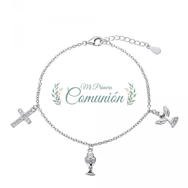 PULSERA RODIO PLATA COMUNION CRUZ ANGEL CALIZ 17-3CM