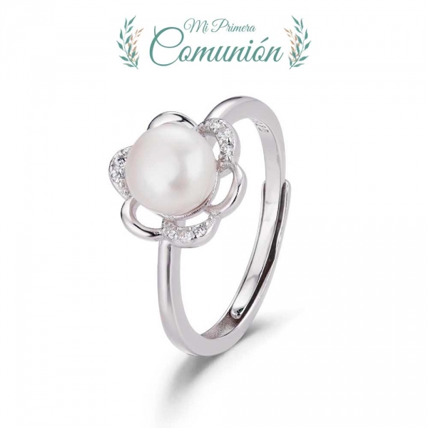 Anillo de plata rodiado flor de circonitas de 10 mm con perla de 6 mm ajustable